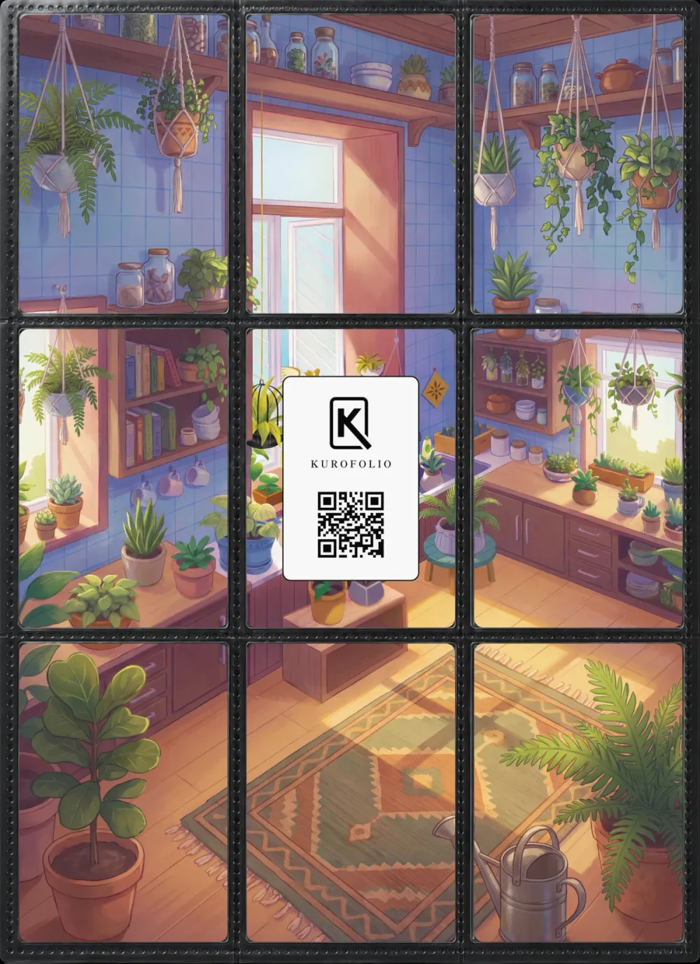 Bulbasaur: the nine printed pieces in a binder page without the card. The piece behind each card carries the Kurofolio logo and a QR code, hidden once the card is in.