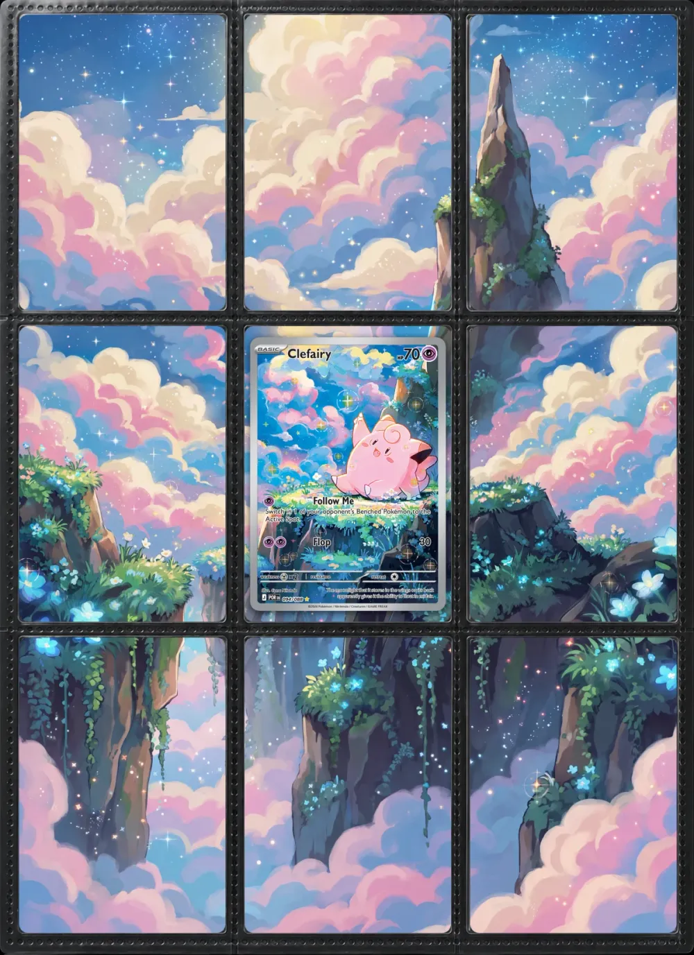 Clefairy: the nine printed pieces in a black 9-pocket binder page, with the real card in place.