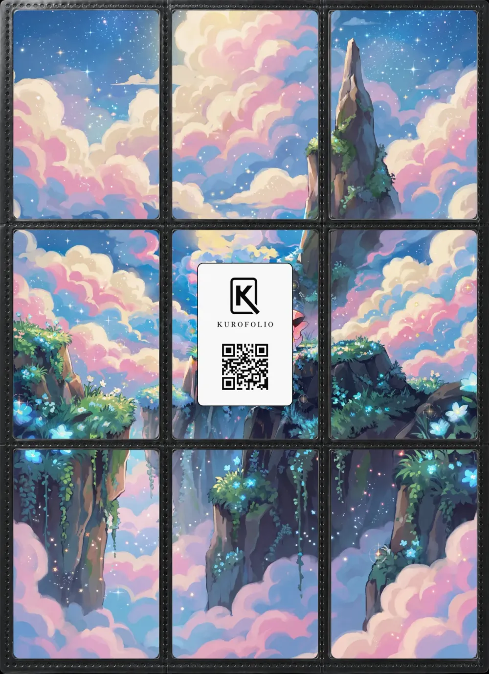 Clefairy: the nine printed pieces in a binder page without the card. The piece behind each card carries the Kurofolio logo and a QR code, hidden once the card is in.