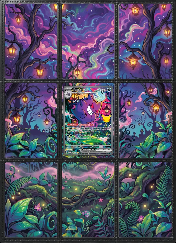 Gengar extended art across a black 9-pocket binder page, around the Gengar ex card.