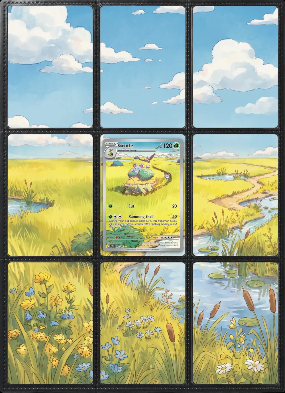 Grotle: the nine printed pieces in a black 9-pocket binder page, with the real card in place.