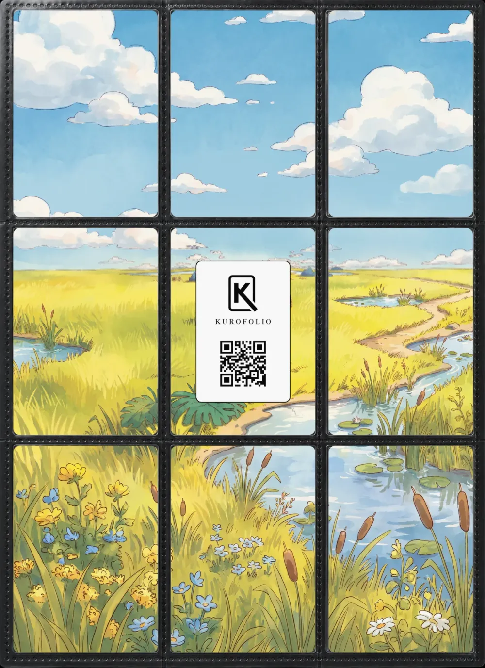 Grotle: the nine printed pieces in a binder page without the card. The piece behind each card carries the Kurofolio logo and a QR code, hidden once the card is in.