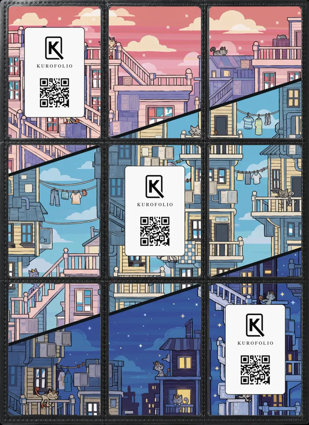Meowth: the nine printed pieces in a binder page without the card. The piece behind each card carries the Kurofolio logo and a QR code, hidden once the card is in.