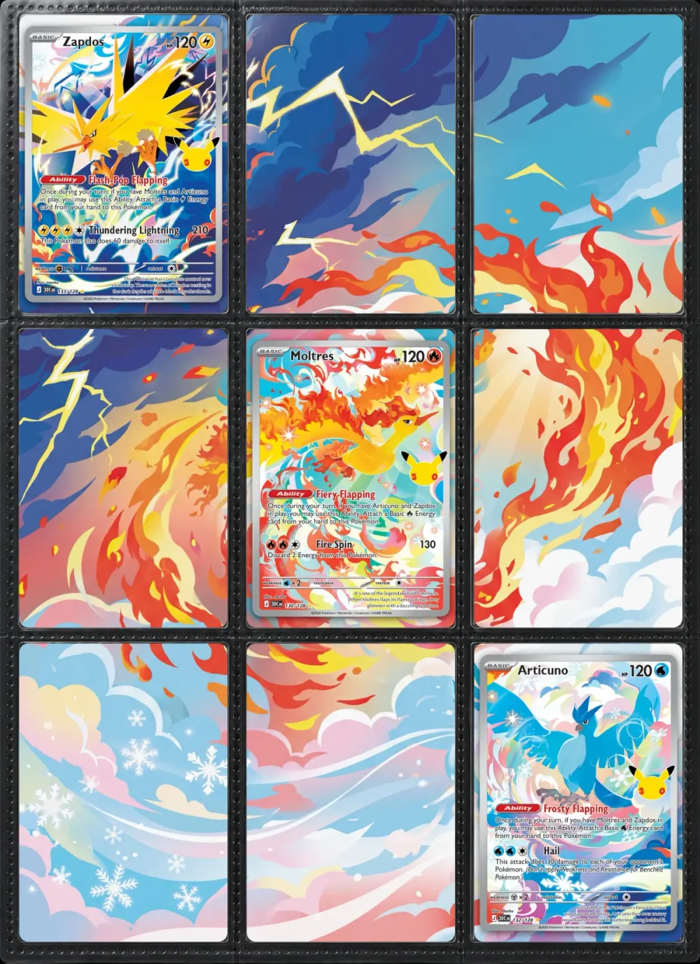 Zapdos, Moltres & Articuno: the nine printed pieces in a black 9-pocket binder page, with the real cards in place.