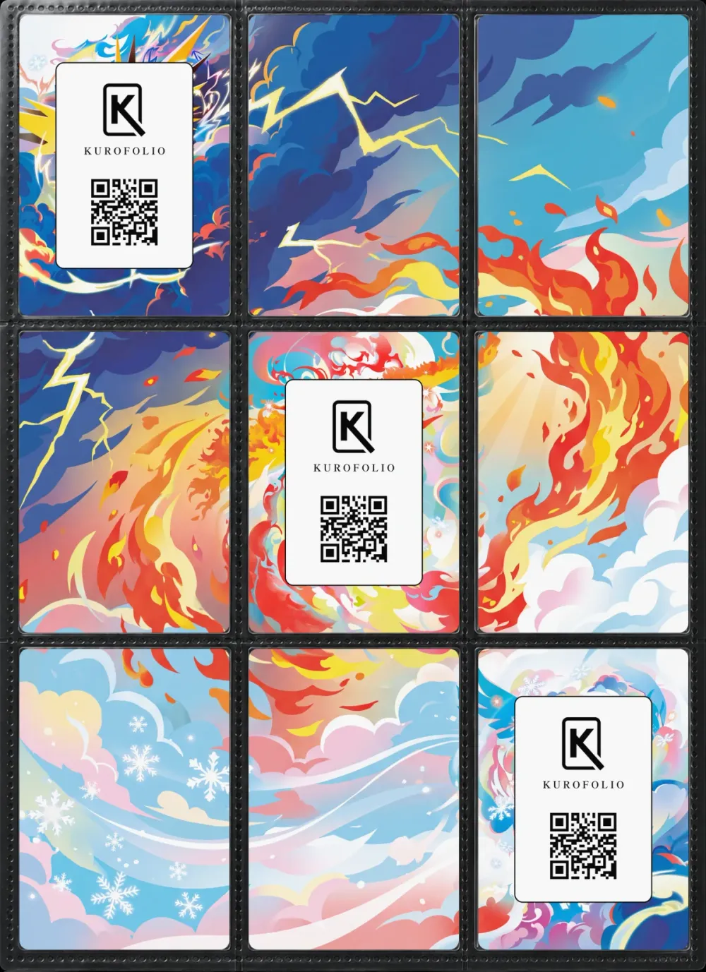 Zapdos, Moltres & Articuno: the nine printed pieces in a binder page without the card. The piece behind each card carries the Kurofolio logo and a QR code, hidden once the card is in.
